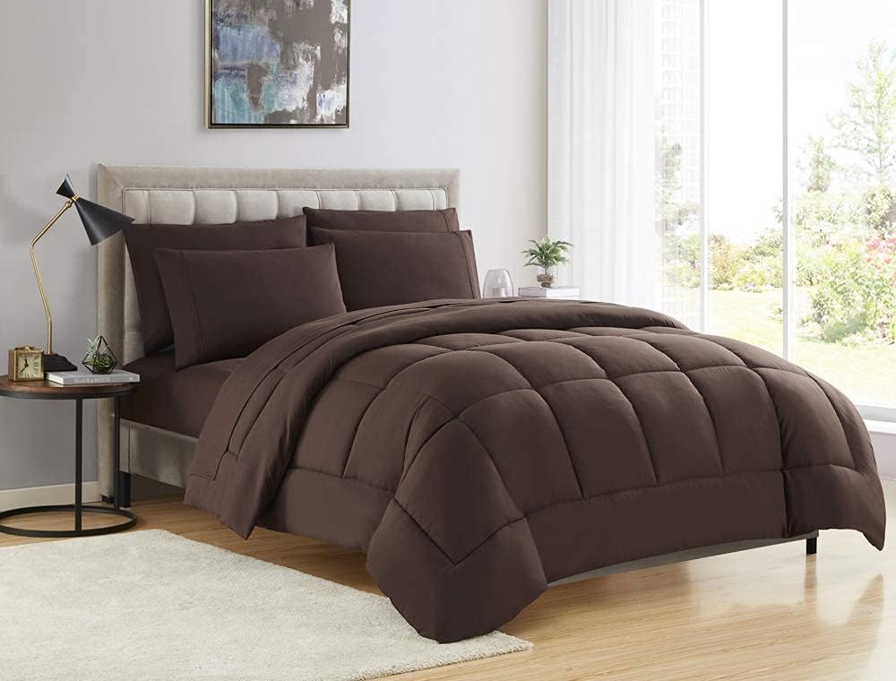 5PCS Box Stitched Comforter Set - Brown /Oversized King Ultra-Soft Goose Down Alternative Comforter with 4 Pillow Shams 100% Cotton 500 Series Best Quilted Collection for All Seasons