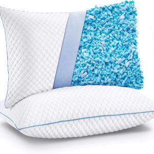 Cooling Bed Pillows Queen Size Set of 2, Shredded Memory Foam Pillows Cool Cold Pillow for Side Back Stomach Sleepers, Gel Pillow Adjustable Firm Pillows Soft Pillows for Sleeping 20x30 Pillow White