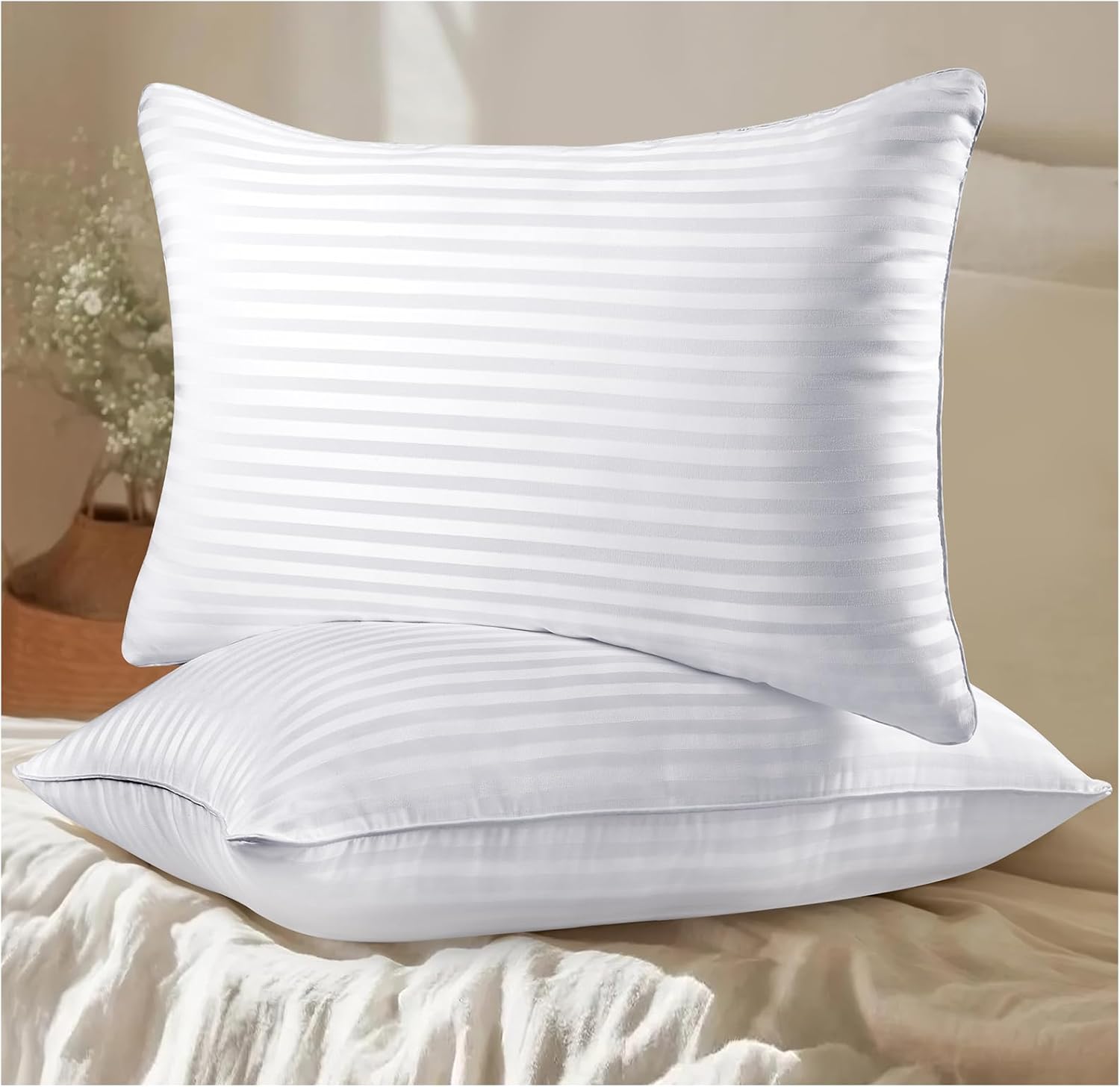 Pillows Queen Size Set of 2, Hotel Collection Bed Pillows for Sleeping, Gusseted Pillow for Back, Stomach or Side Sleepers (Pure White)