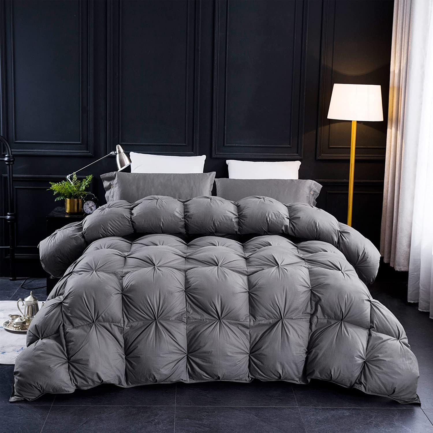 Pinch Pleat Feathers Down Comforter Queen Size Duvet Insert, 750+ Fill Power, 1200TC 100% Cotton Fabric, All Seasons Premium Grey Down Comforter with 8 Tabs. - Image 2